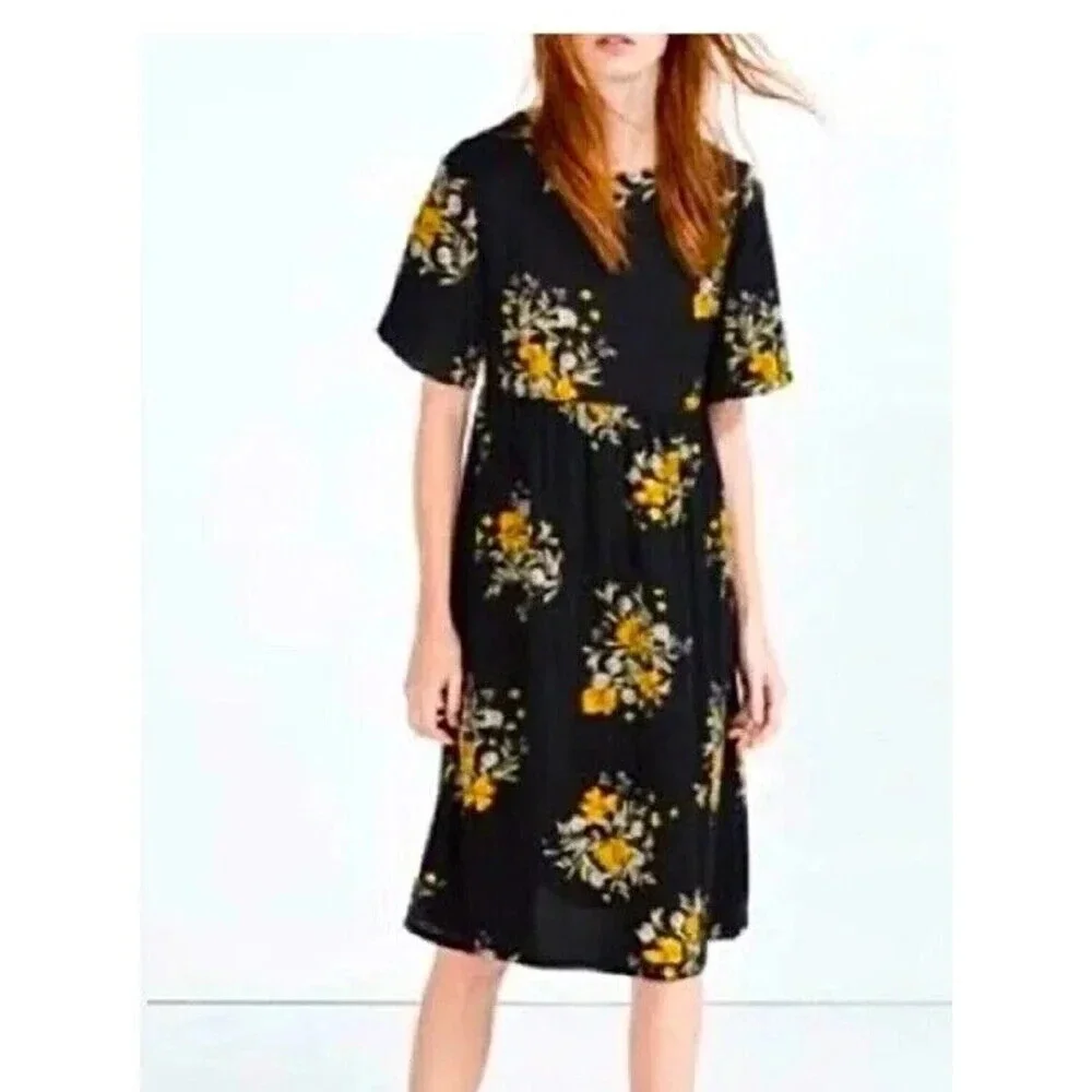 ZARA Floral Lace Up Back‎ Midi Dress ShortSleeves Medium Black Yellow